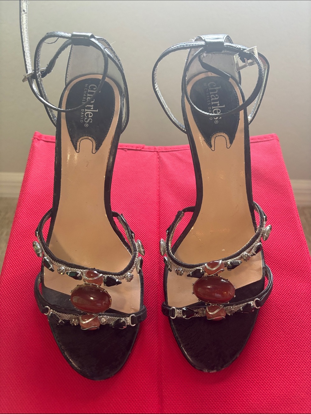 Charles By Charles David Black Jeweled Ankle-Strap Heels